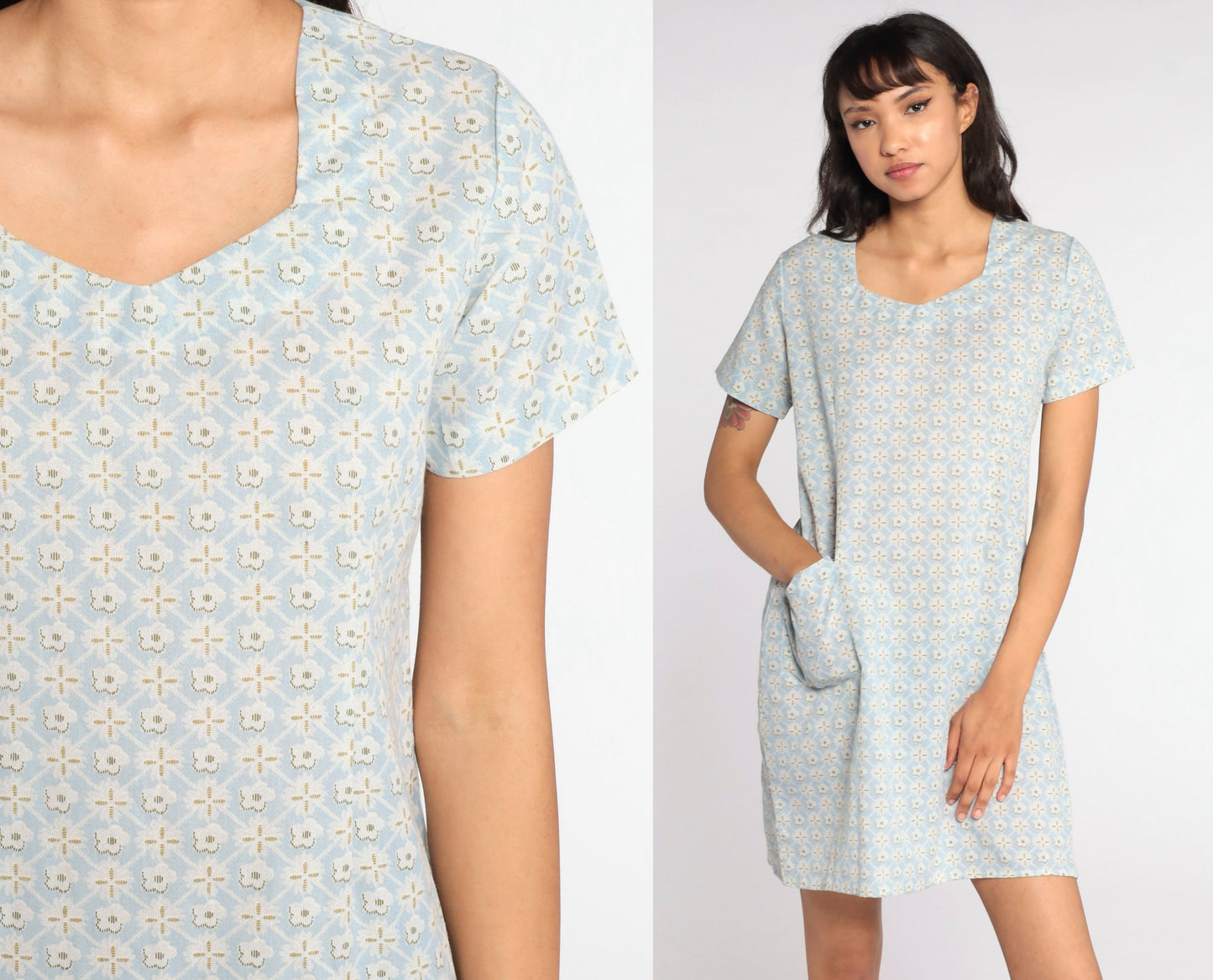 90s Baby Blue Floral Mini Dress Shift Short Sleeve Medium