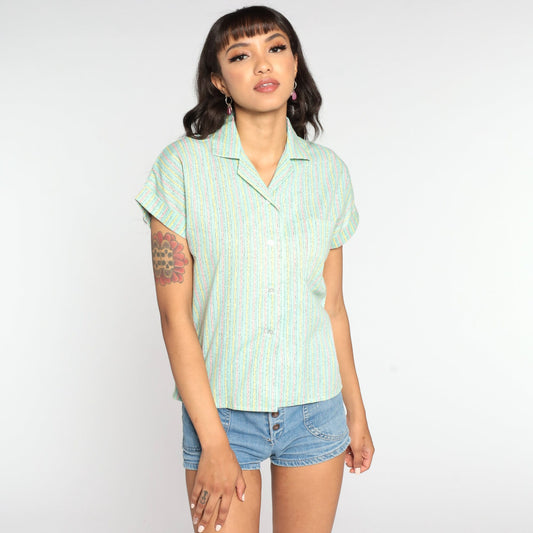 80s Green Striped Cotton Blend Button-Up Blouse Short Sleeve Small S