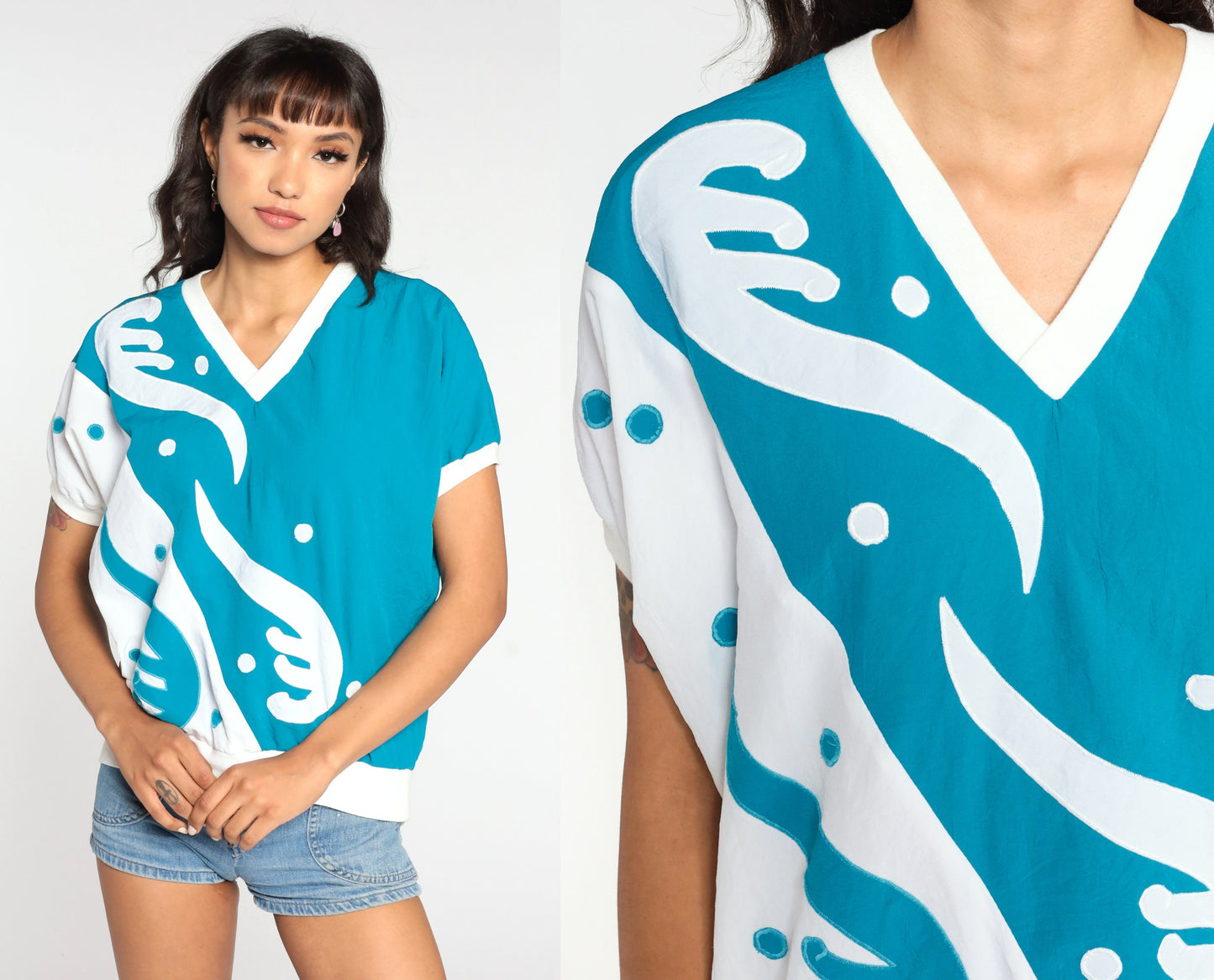 80s Blue White Color Block Dot Short Sleeve Top Large L
