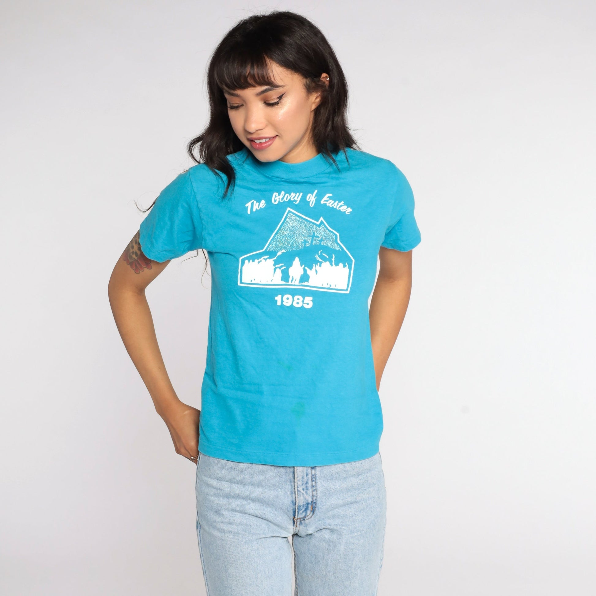 80s Christian Easter 1985 Jesus Graphic T-Shirt Blue Single Stitch Small