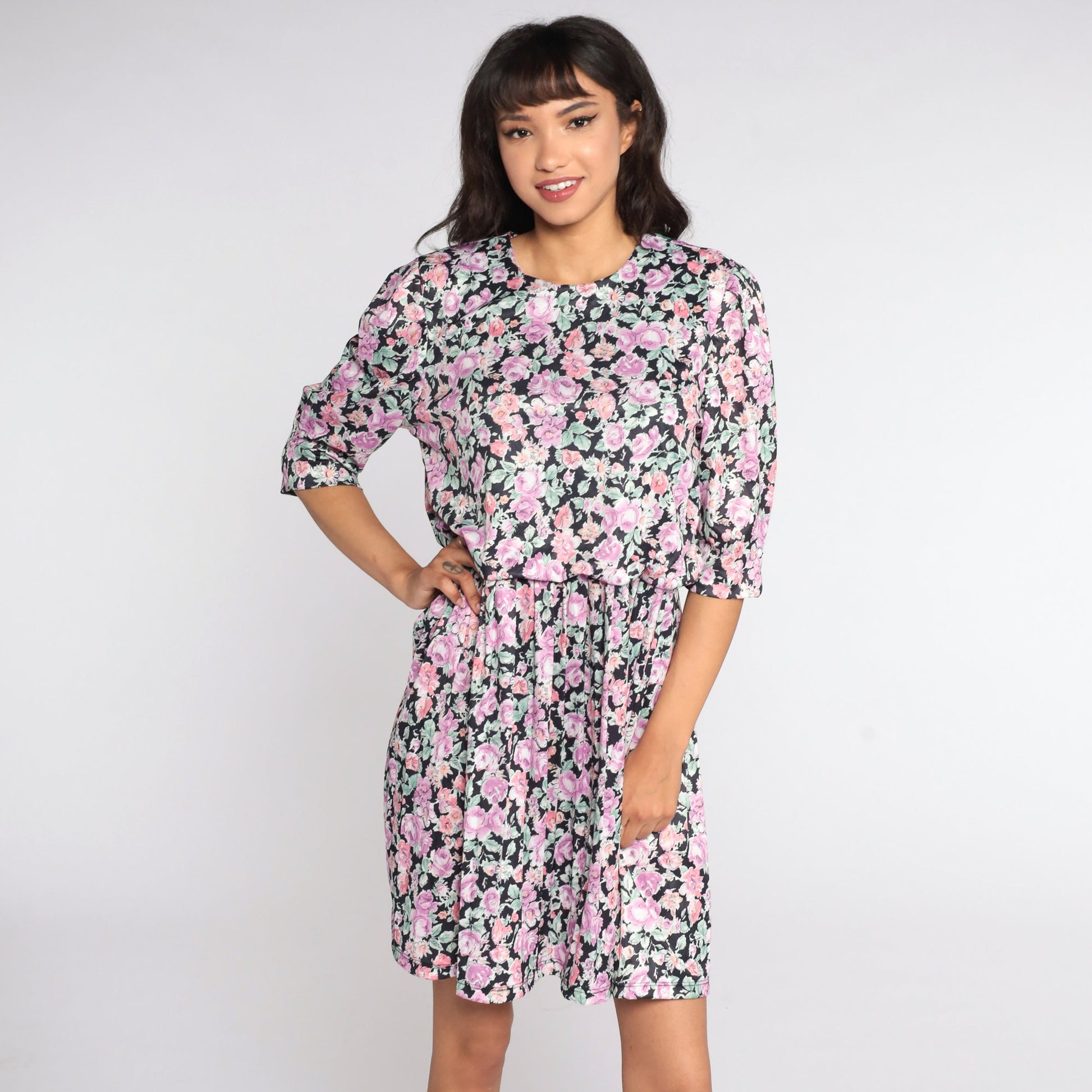 80s Floral Mini Dress Purple Pink Puff Sleeve High Waist Medium Large
