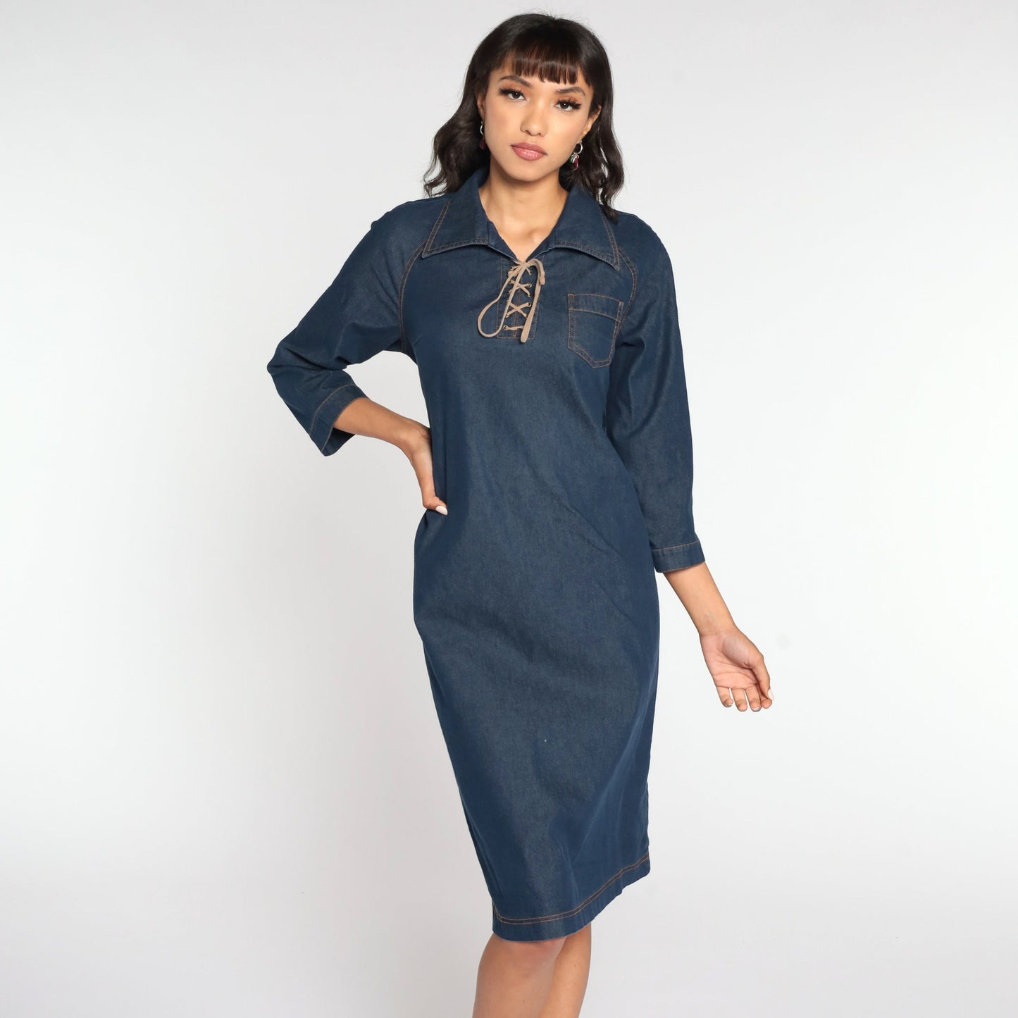 90s Blue Denim Midi Dress Lace-Up Neckline Shift Cut Medium