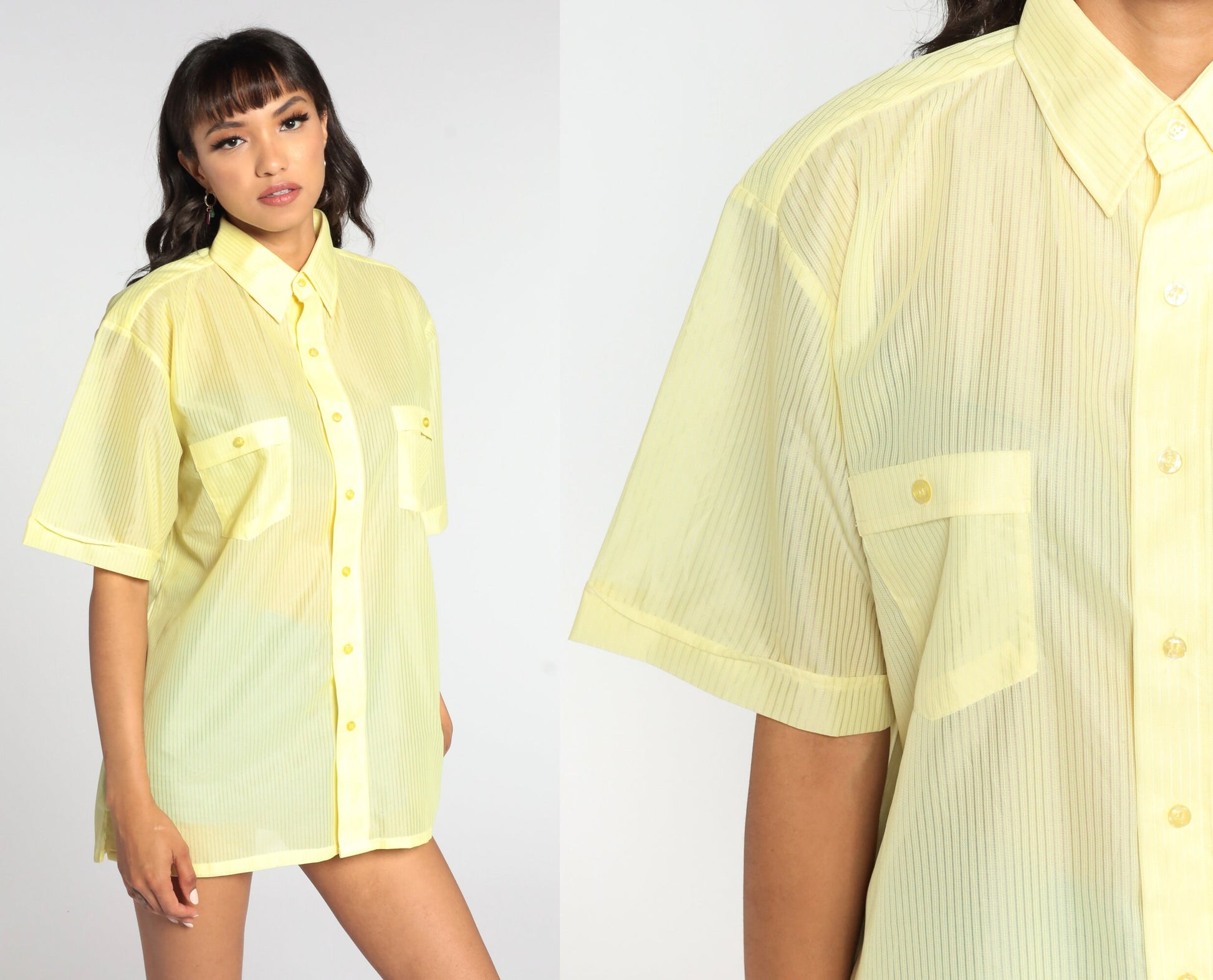 70s Idle Time Striped Button-Up Shirt Yellow Sheer Short Sleeve Large L
