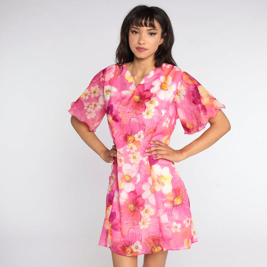 70s Pink Floral Mini Dress Flutter Sleeve Shift Dress Large 12