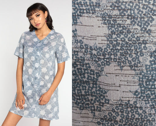 70s Mod Mini Shift Dress Cloud Print Button-Up Grey Medium