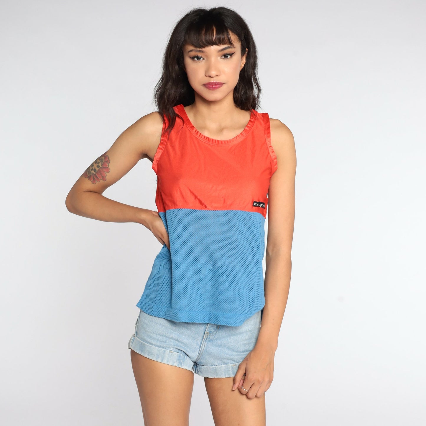 80s Aspen Mesh Tank Top Sheer Nylon Orange Blue Colourblock Small