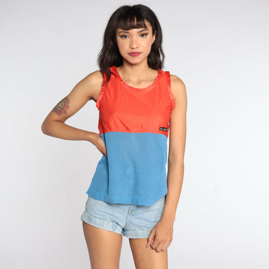 80s Aspen Mesh Tank Top Sheer Nylon Orange Blue Colourblock Small