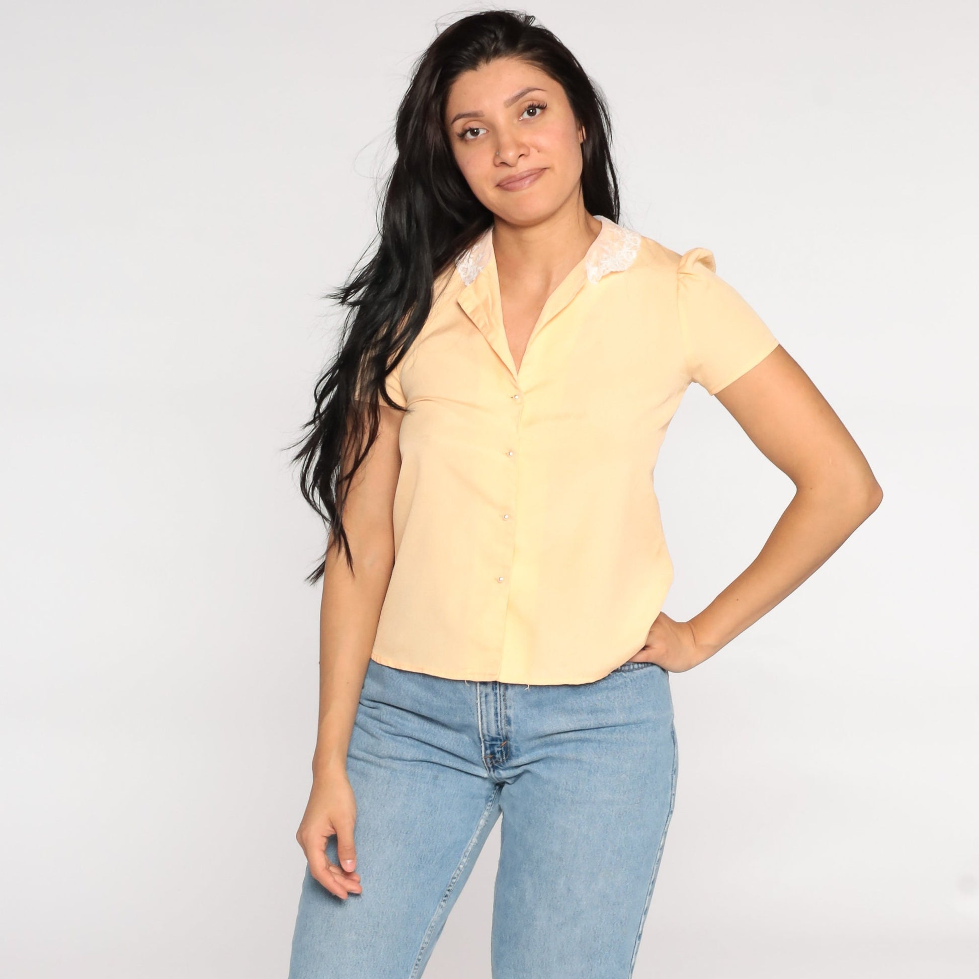 80s Peach Puff Sleeve Blouse Lace Collar Button Up Shirt Small