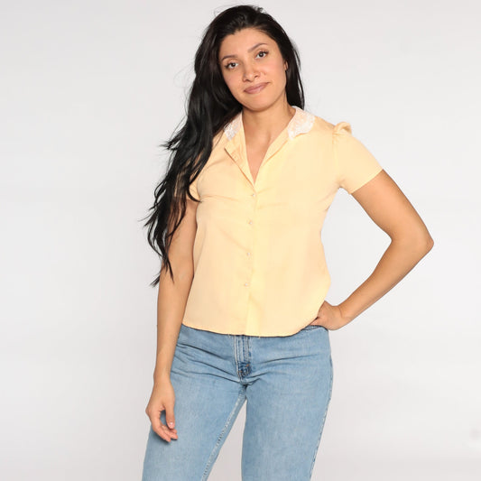 80s Peach Puff Sleeve Blouse Lace Collar Button Up Shirt Small