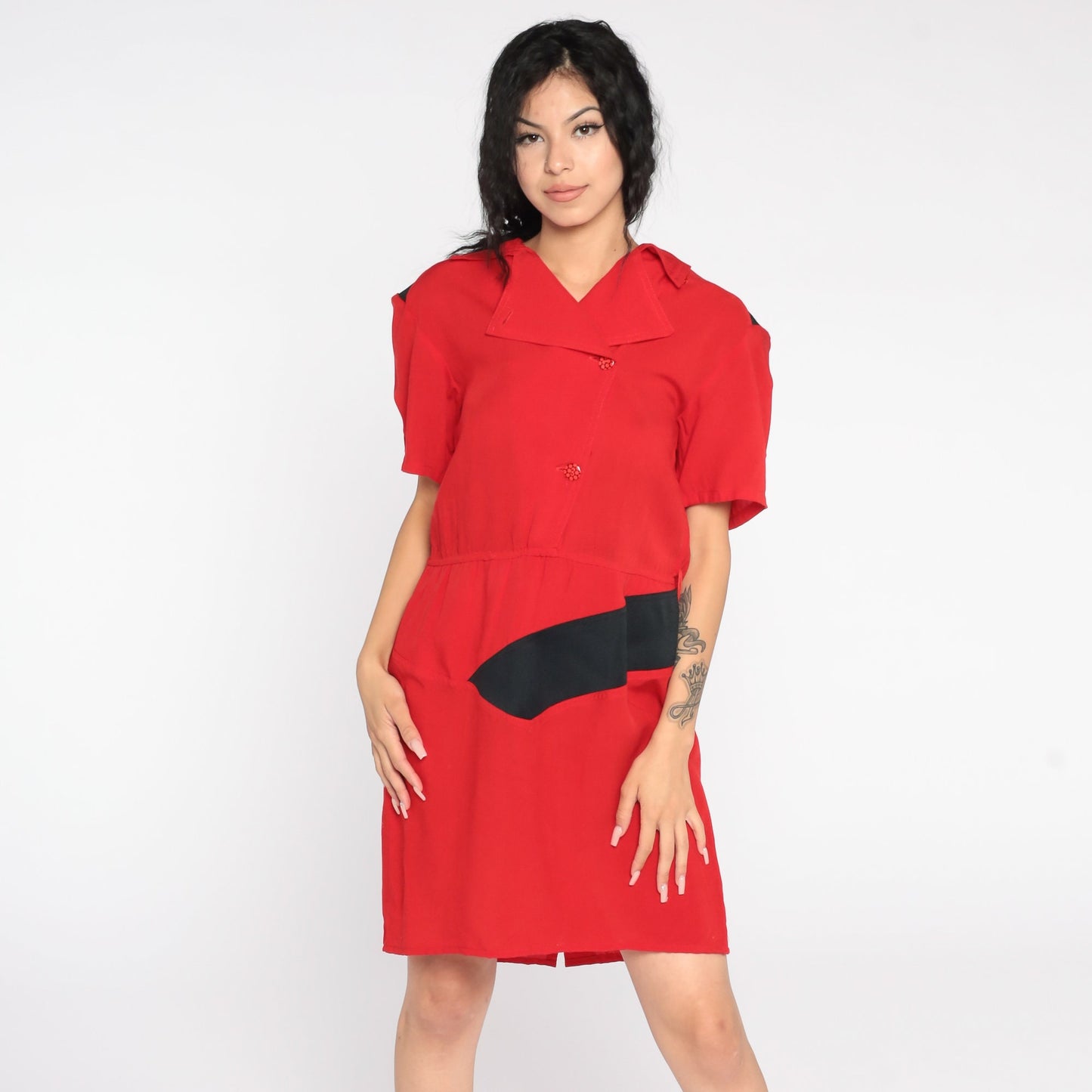 80s Red Mini Sheath Dress Button-Up V-Neck Short Sleeve Medium Large