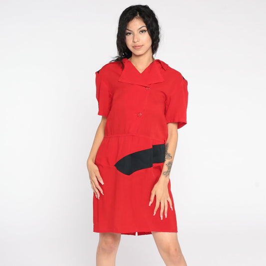 80s Red Mini Sheath Dress Button-Up V-Neck Short Sleeve Medium Large