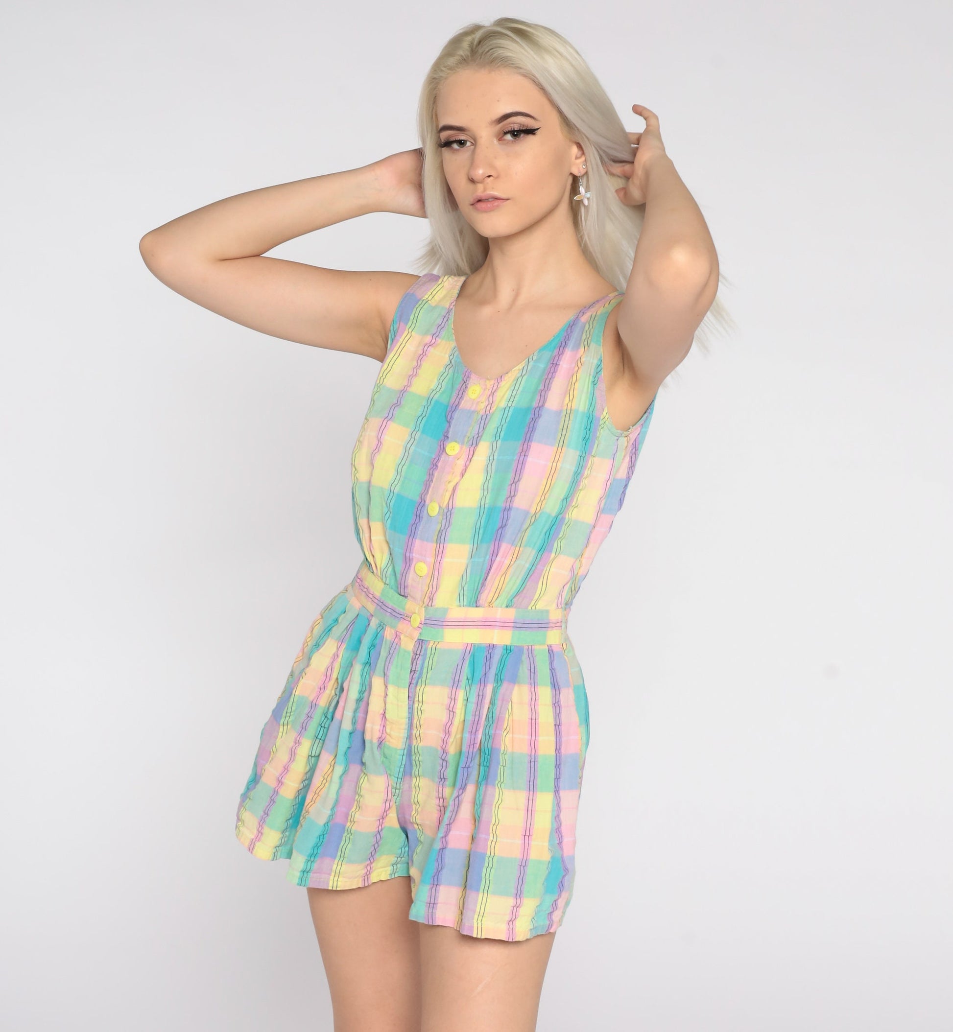 80s Pastel Plaid Romper Sleeveless High Waist Button Front Purple Turquoise Small