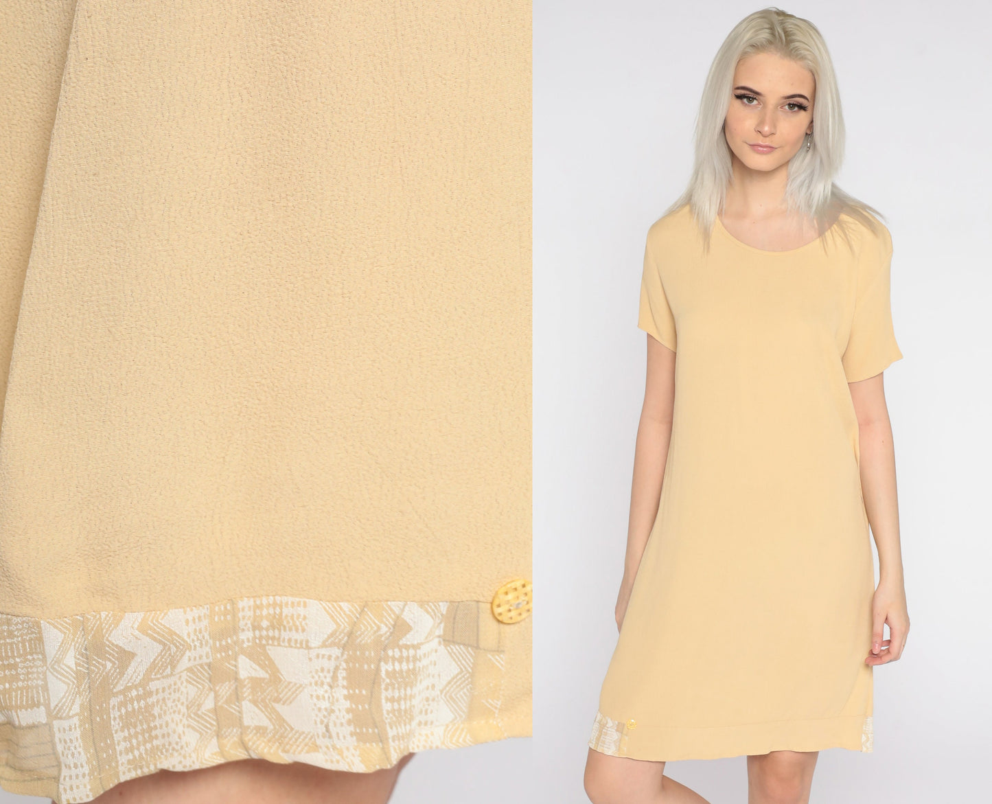 90s Yellow Mini Shift Dress Zig Zag Trim Short Sleeve Small S