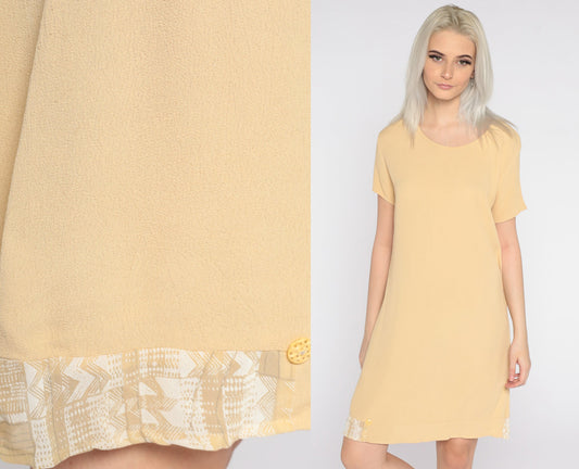 90s Yellow Mini Shift Dress Zig Zag Trim Short Sleeve Small S