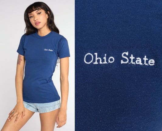 80s Champion Ohio State University Graphic T-Shirt Dark Blue Extra Small