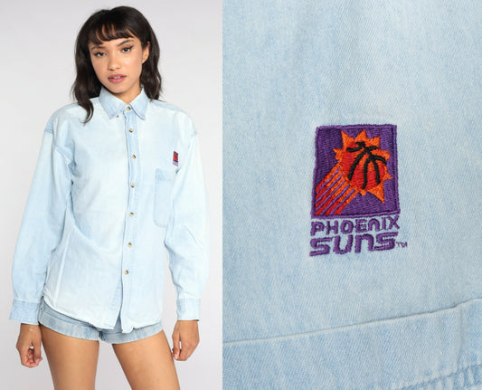 90s Phoenix Suns NBA Denim Button-Up Blouse Blue Small S