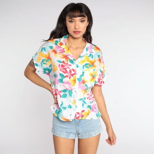 80s Diane von Furstenberg Tropical Floral Button-Up Blouse White Medium
