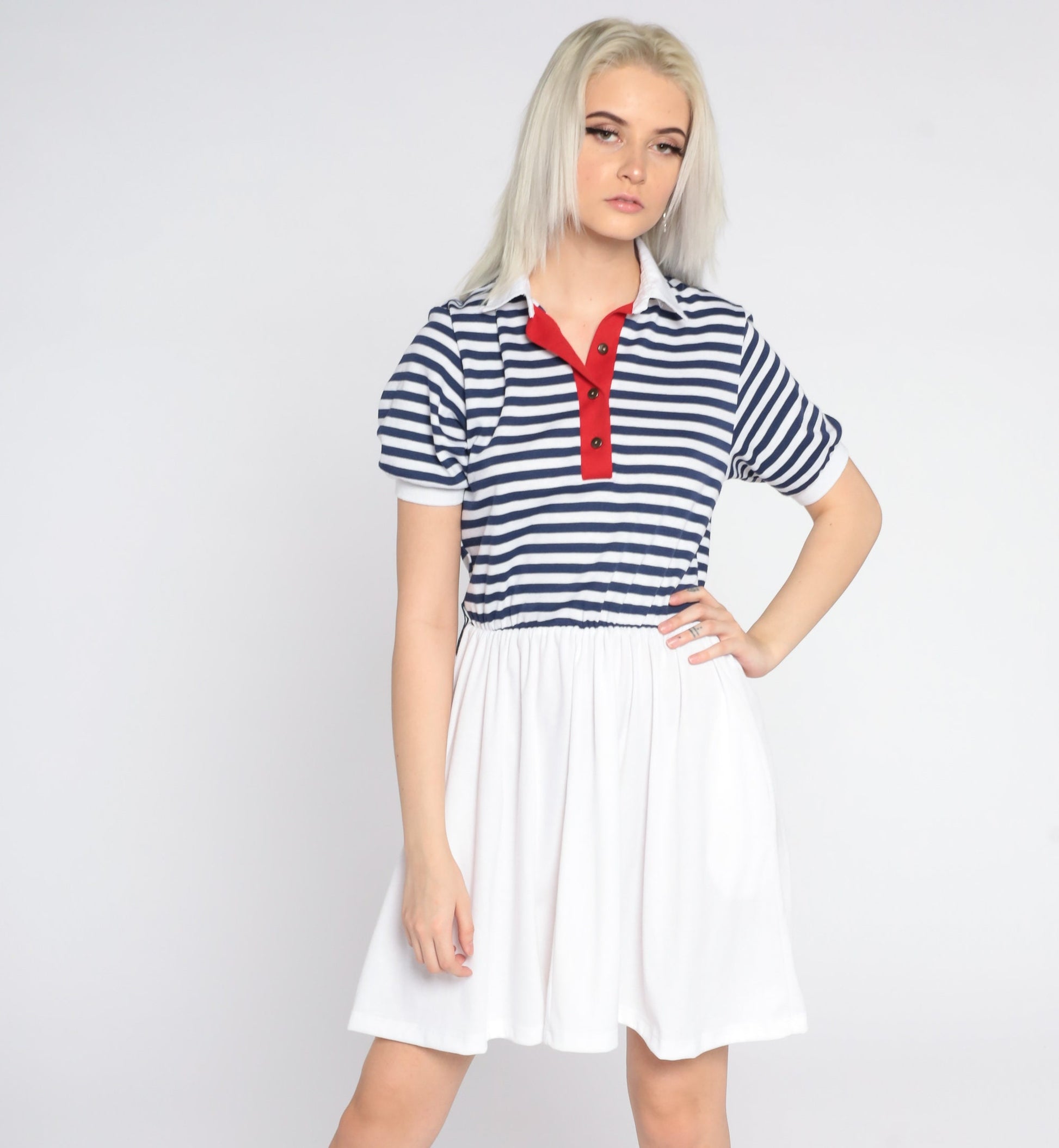 80s Nautical Striped Mini Dress White Blue Sailor High Waist Small S