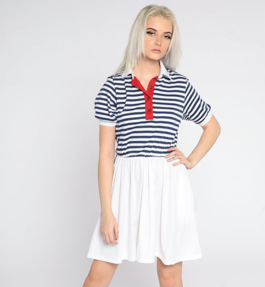 80s Nautical Striped Mini Dress White Blue Sailor High Waist Small S