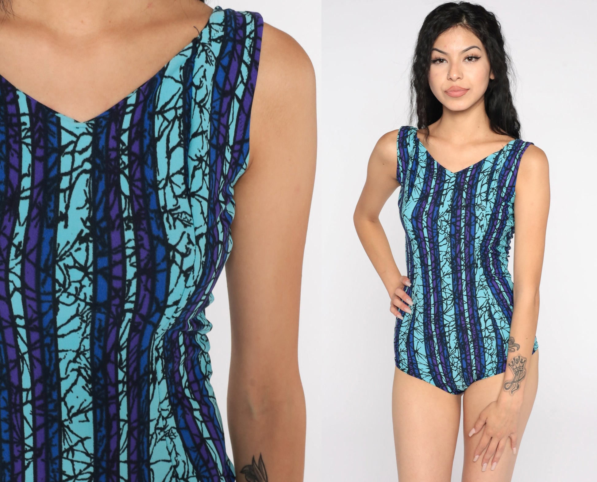 60s Purple Blue Striped One-Piece Swimsuit Scoop Back Small