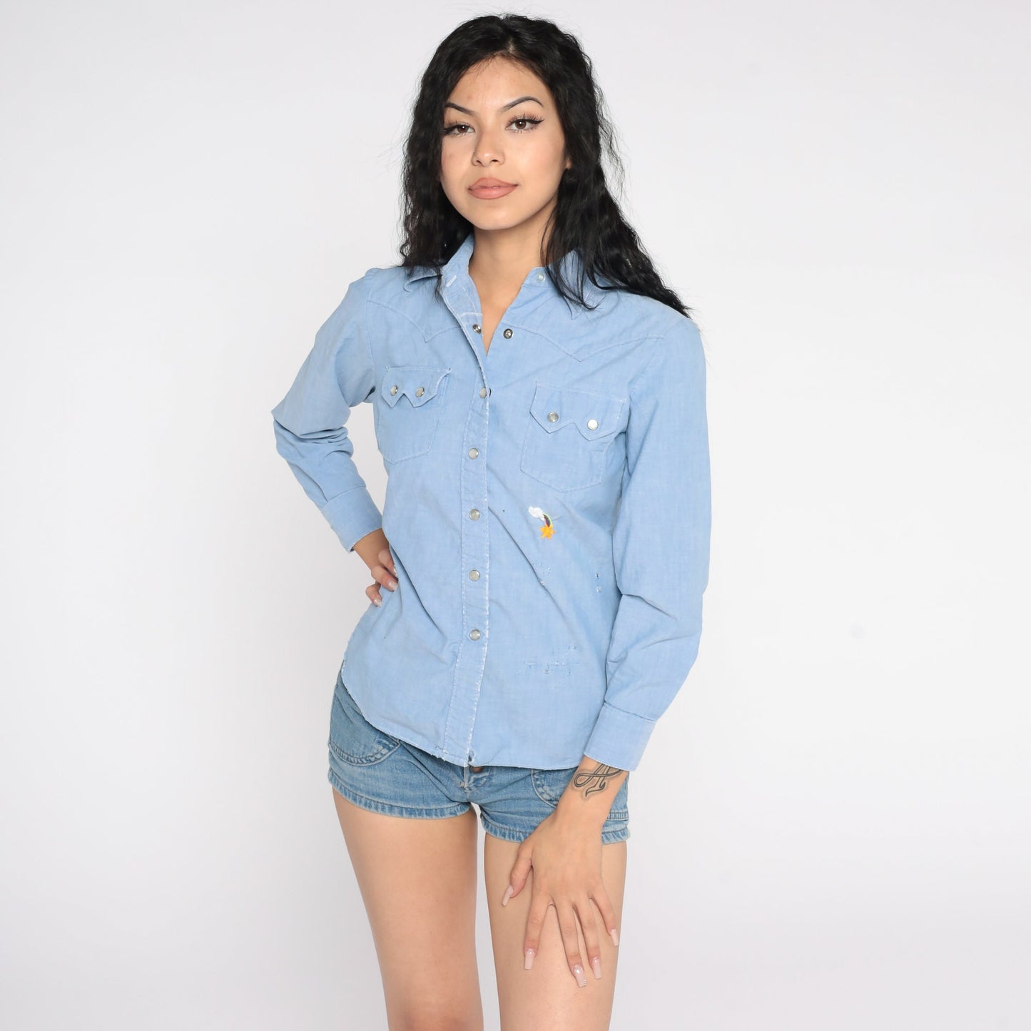70s Chambray Shirt Embroidered Rainbow Star Pearl Snap Western Blue Extra Small