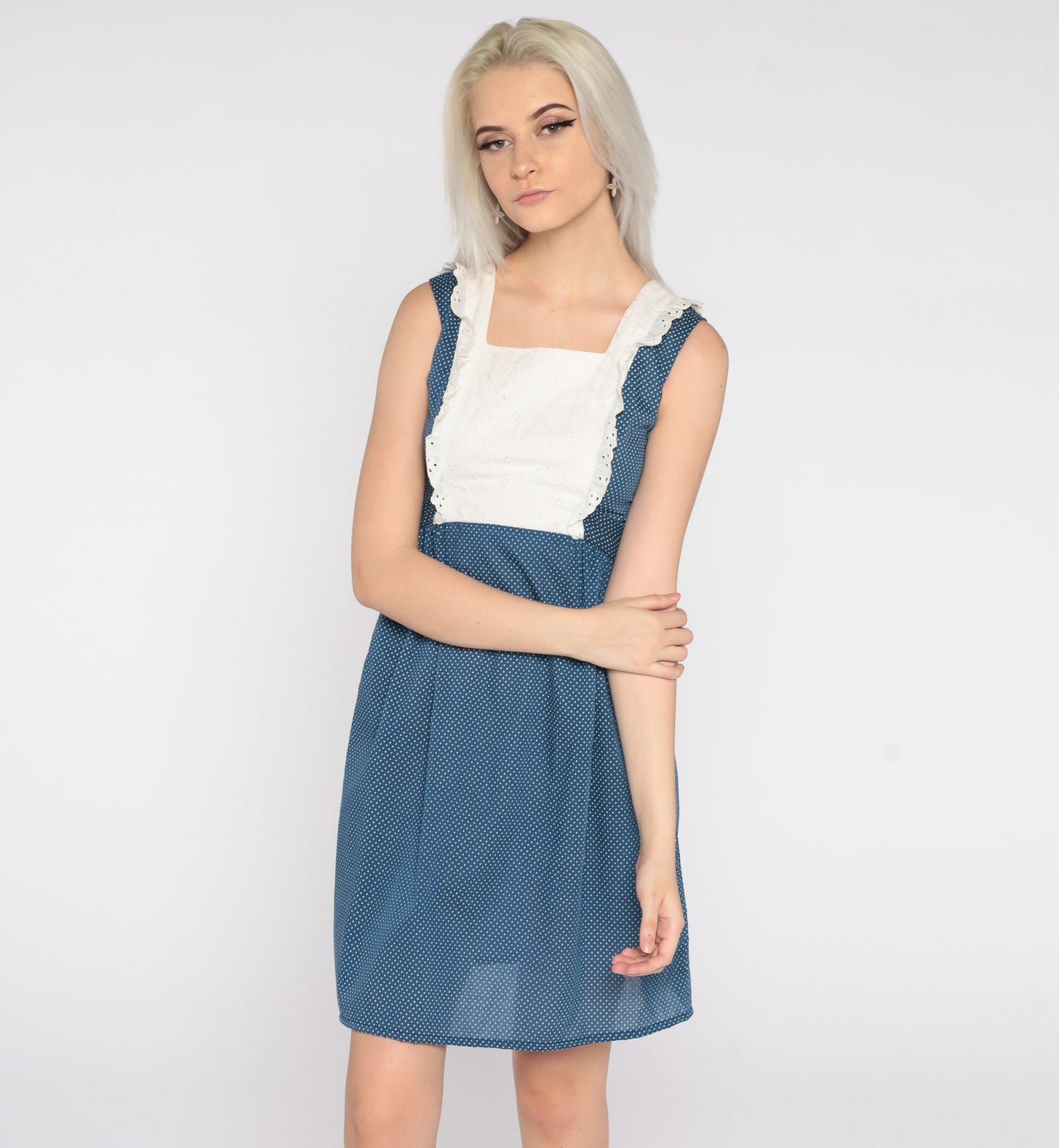 70s Blue Polka Dot Mini Dress Eyelet Lace Bib Empire Waist Extra Small