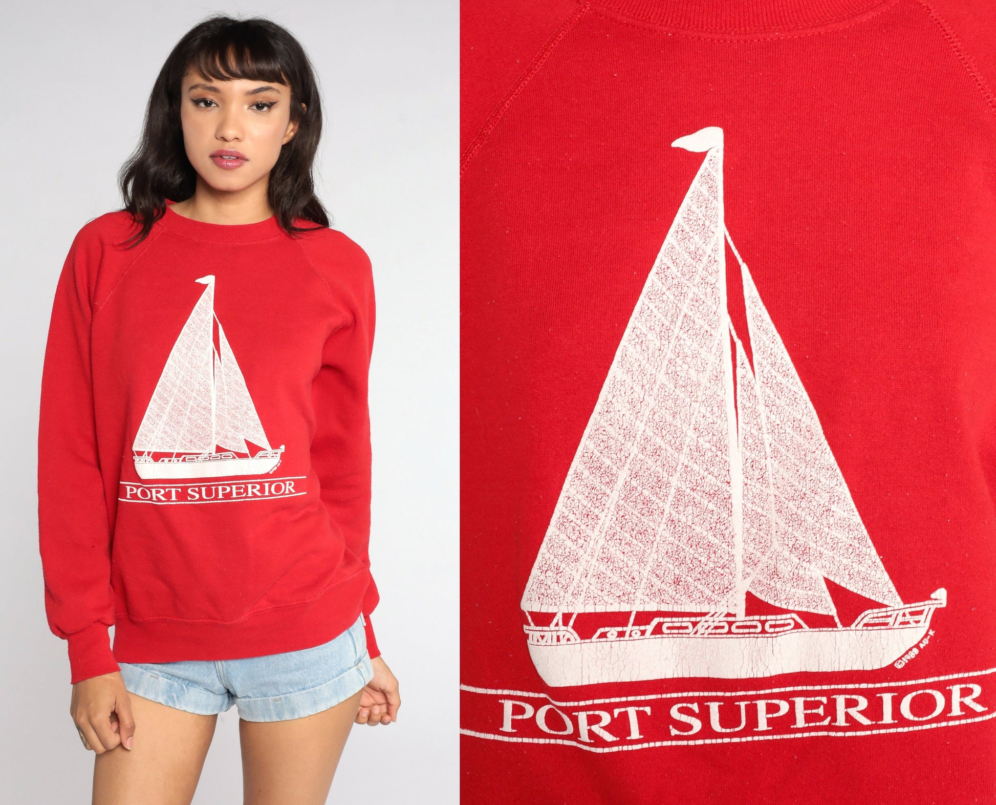 80s Port Superior Wisconsin Sailboat Sweatshirt Red Raglan Pullover Large