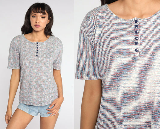 80s Striped Henley Shirt White Blue Burgundy Button Neck Large L