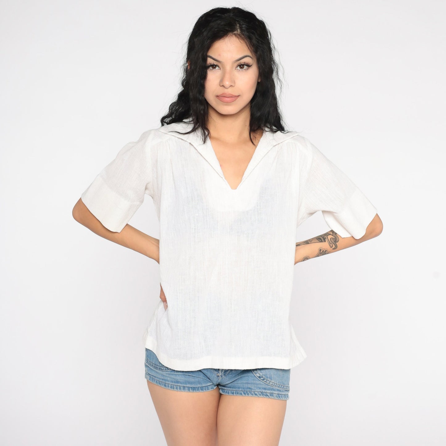 70s Teddi of California White Gauze Tunic Top Short Sleeve V Neck Large