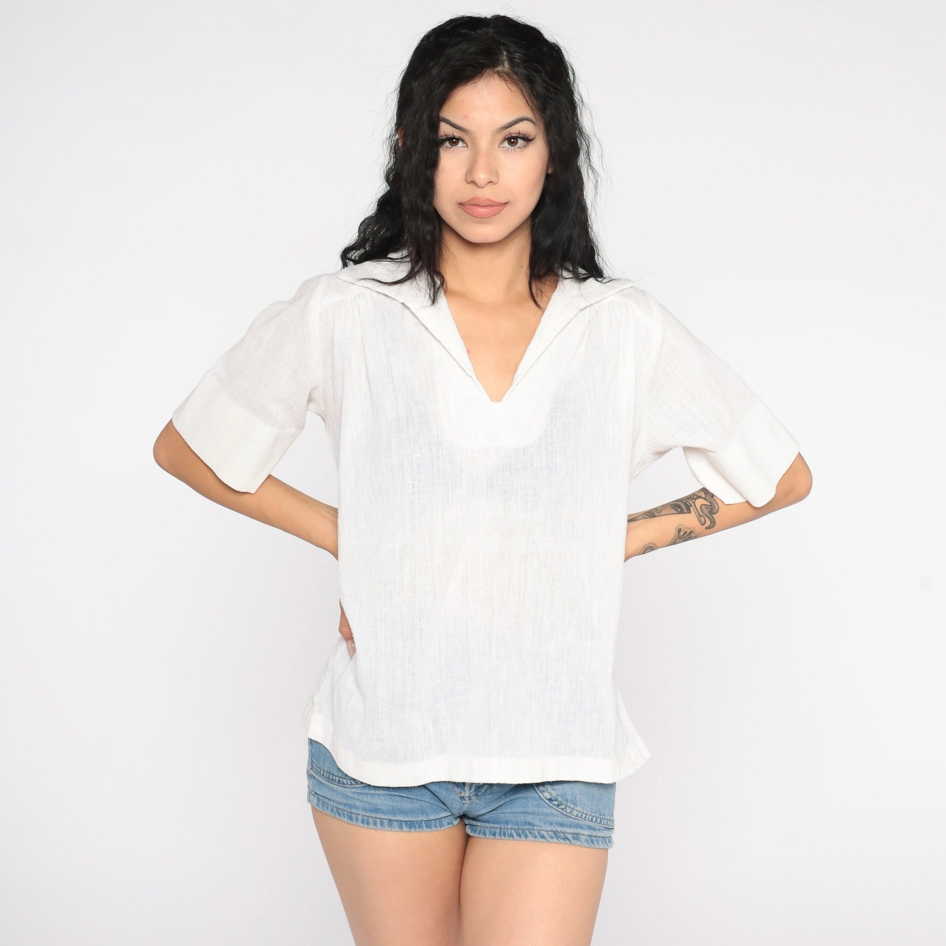 70s Teddi of California White Gauze Tunic Top Short Sleeve V Neck Large