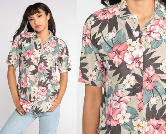 80s Tropical Floral Button-Up Shirt Taupe Flower Print Medium