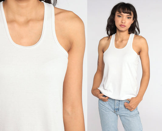 90s Plain White Cotton Tank Top Unisex Medium