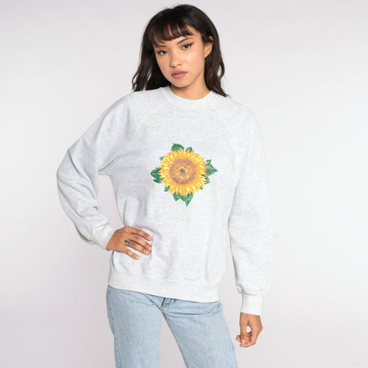 90s Sunflower Sweatshirt Grey Floral Raglan Graphic Pullover Large L