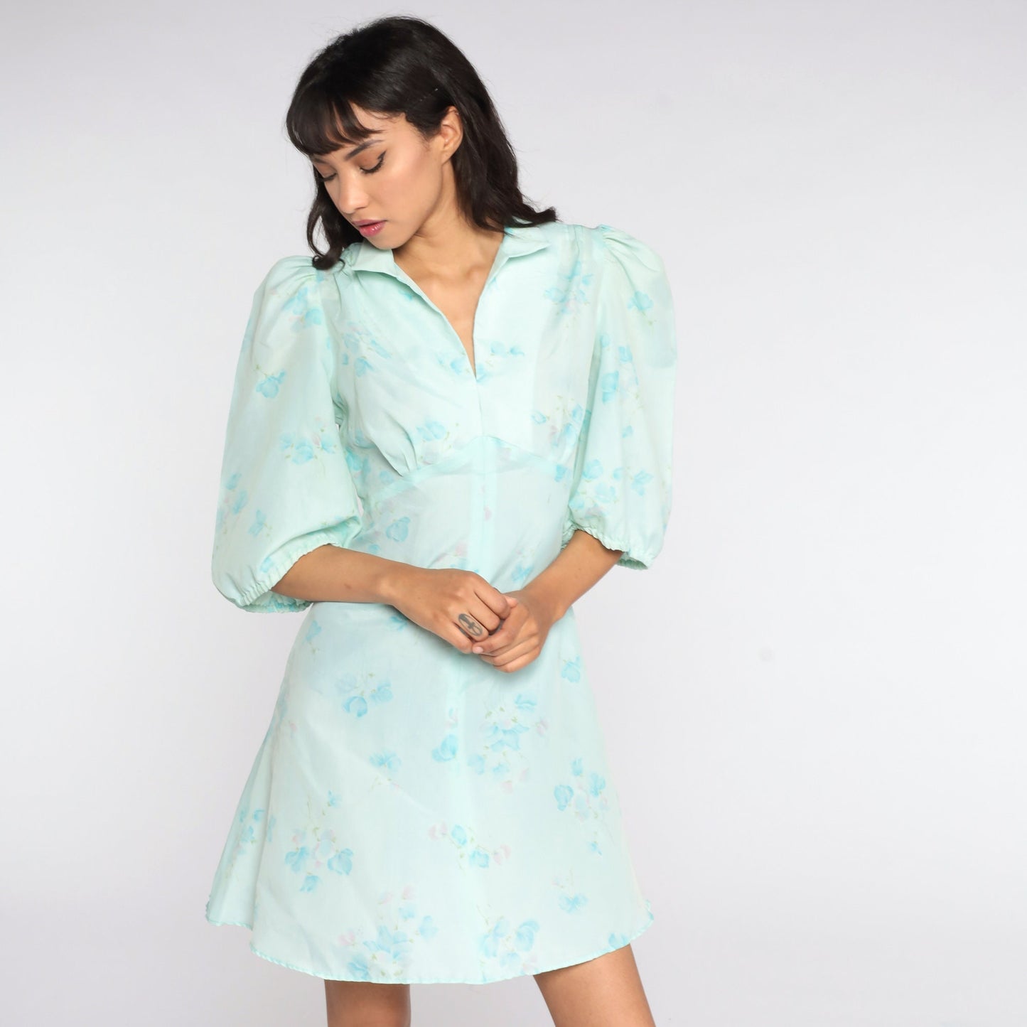 70s Floral Babydoll Dress Puff Sleeve Empire Waist Mini Blue Small