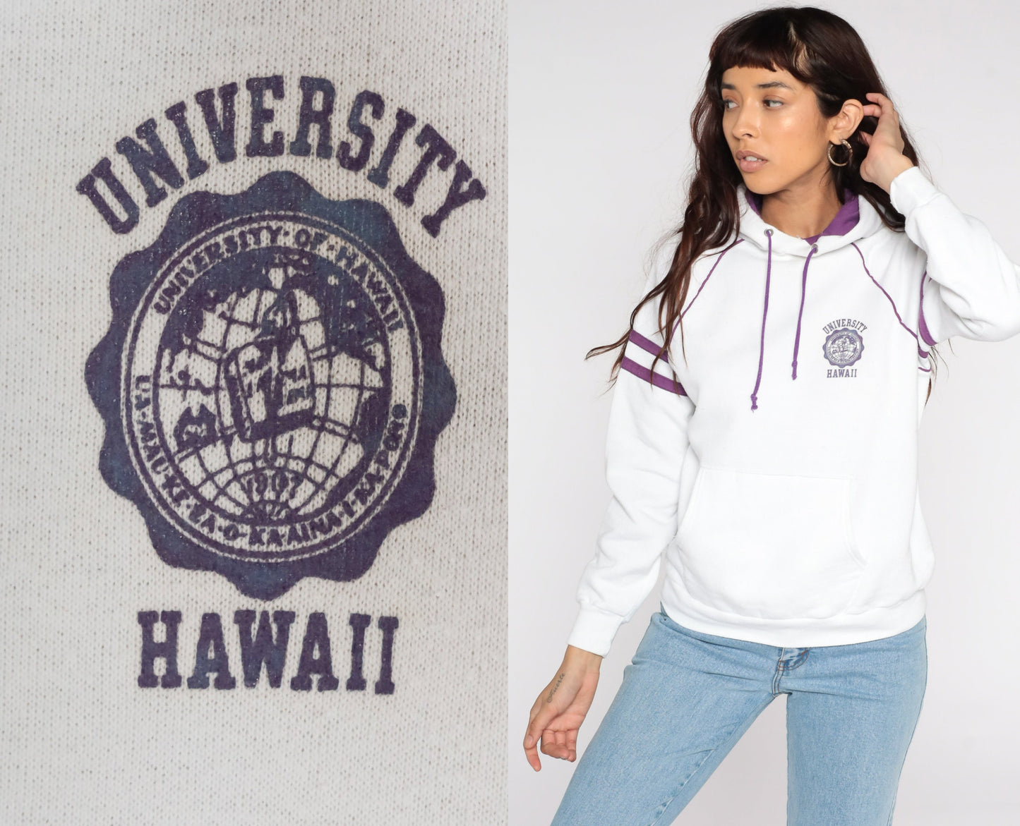 80s University of Hawaii Hoodie Sweatshirt White Graphic Medium