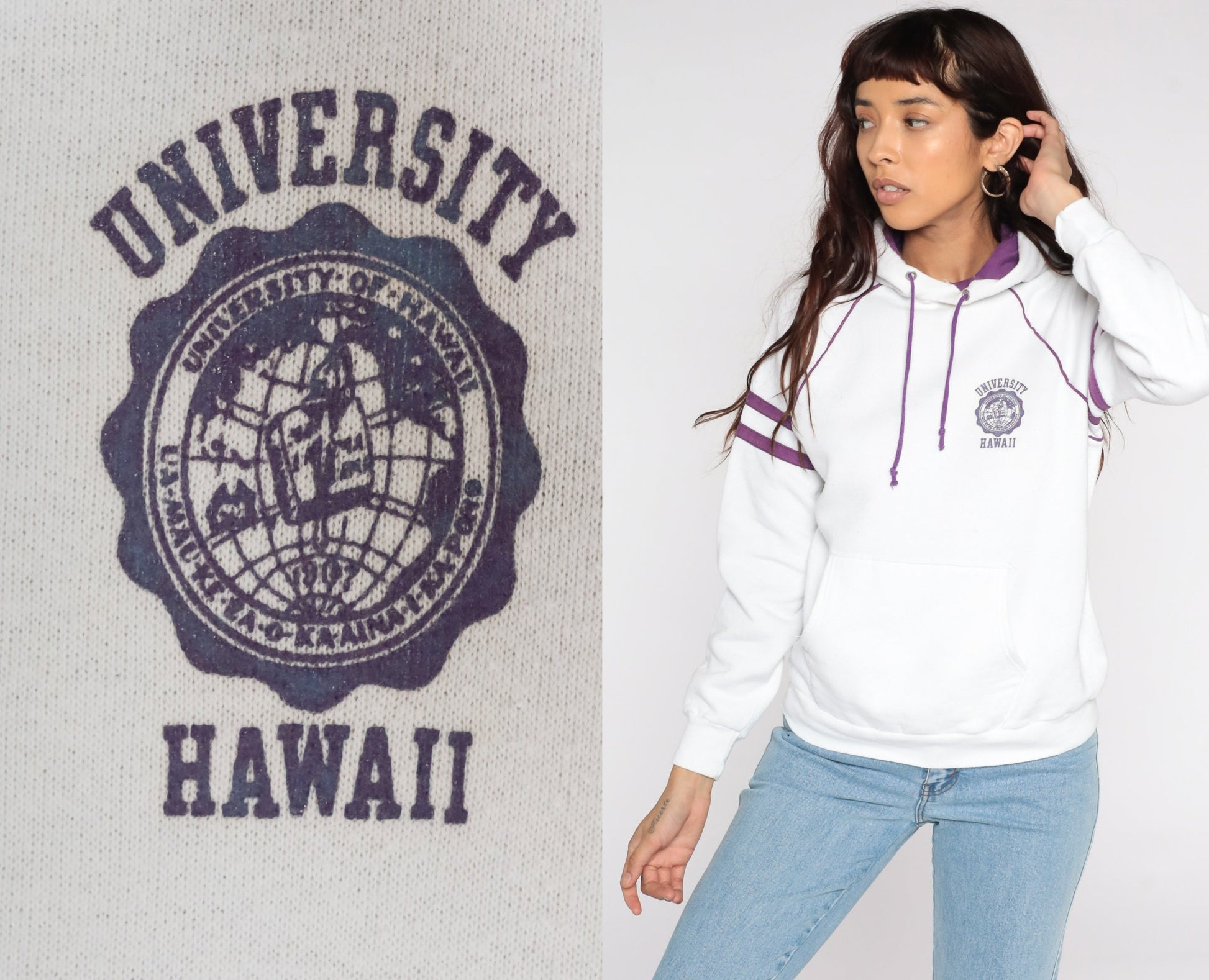80s University of Hawaii Hoodie Sweatshirt White Graphic Medium