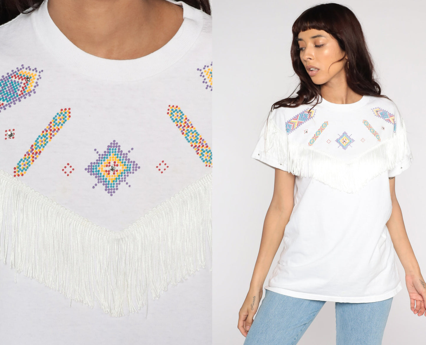 90s Southwest Studded Fringe Cotton T-Shirt White Graphic Tee Medium