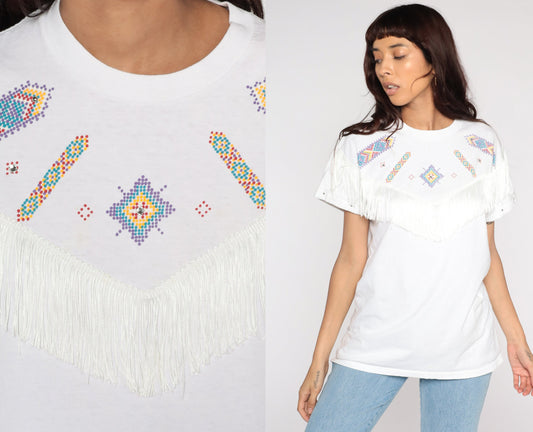 90s Southwest Studded Fringe Cotton T-Shirt White Graphic Tee Medium