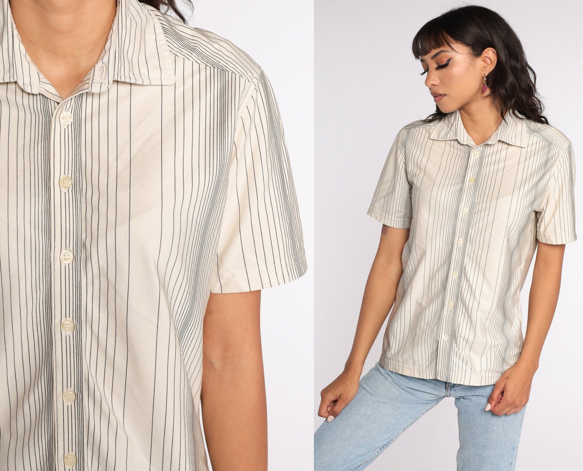 70s Off-White Striped Button-Up Shirt Short Sleeve Collared Top Medium