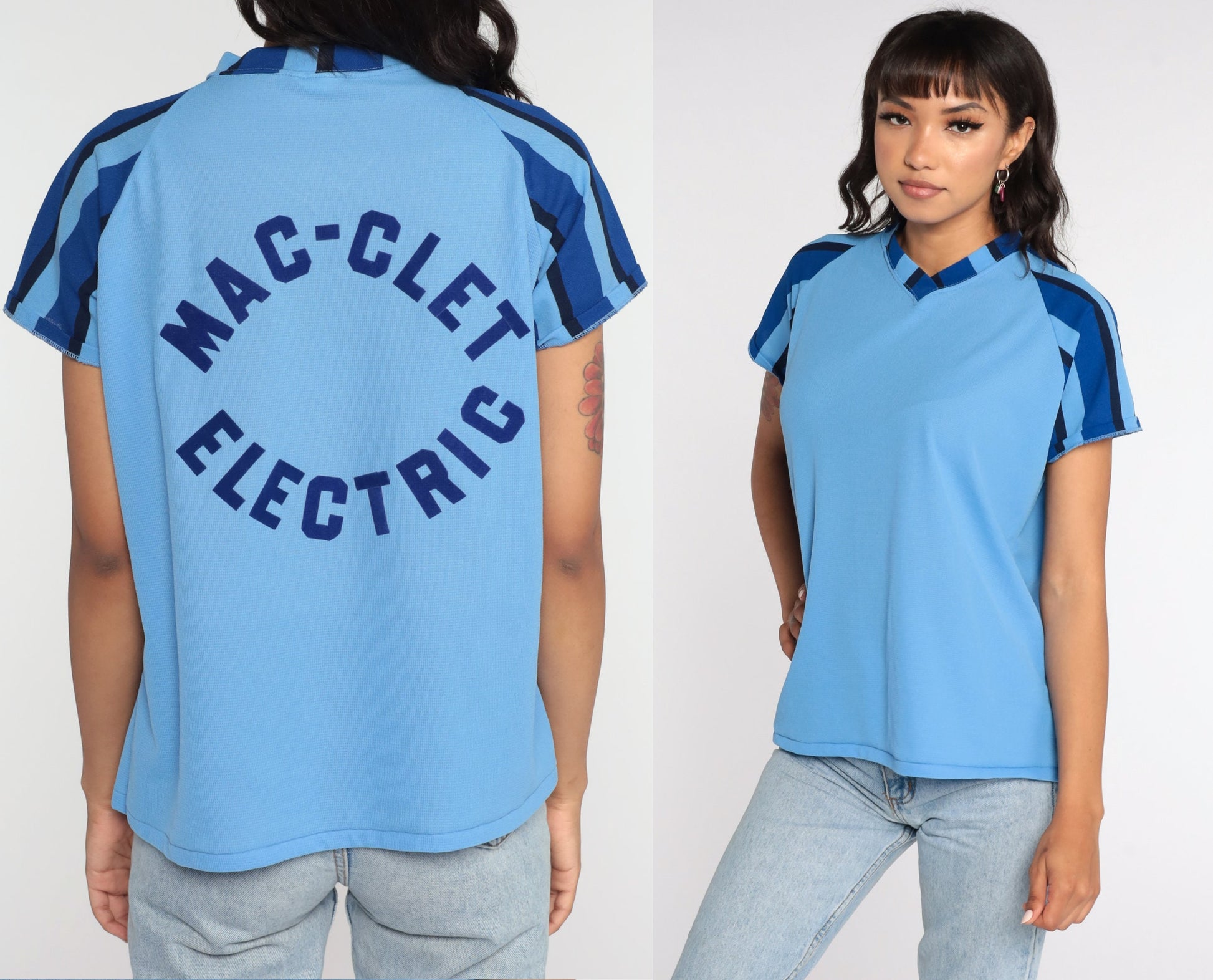 70s Mac-Let Electric Uniform Ringer T-Shirt Baby Blue Raglan Medium Large