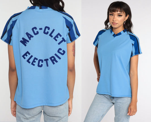 70s Mac-Let Electric Uniform Ringer T-Shirt Baby Blue Raglan Medium Large