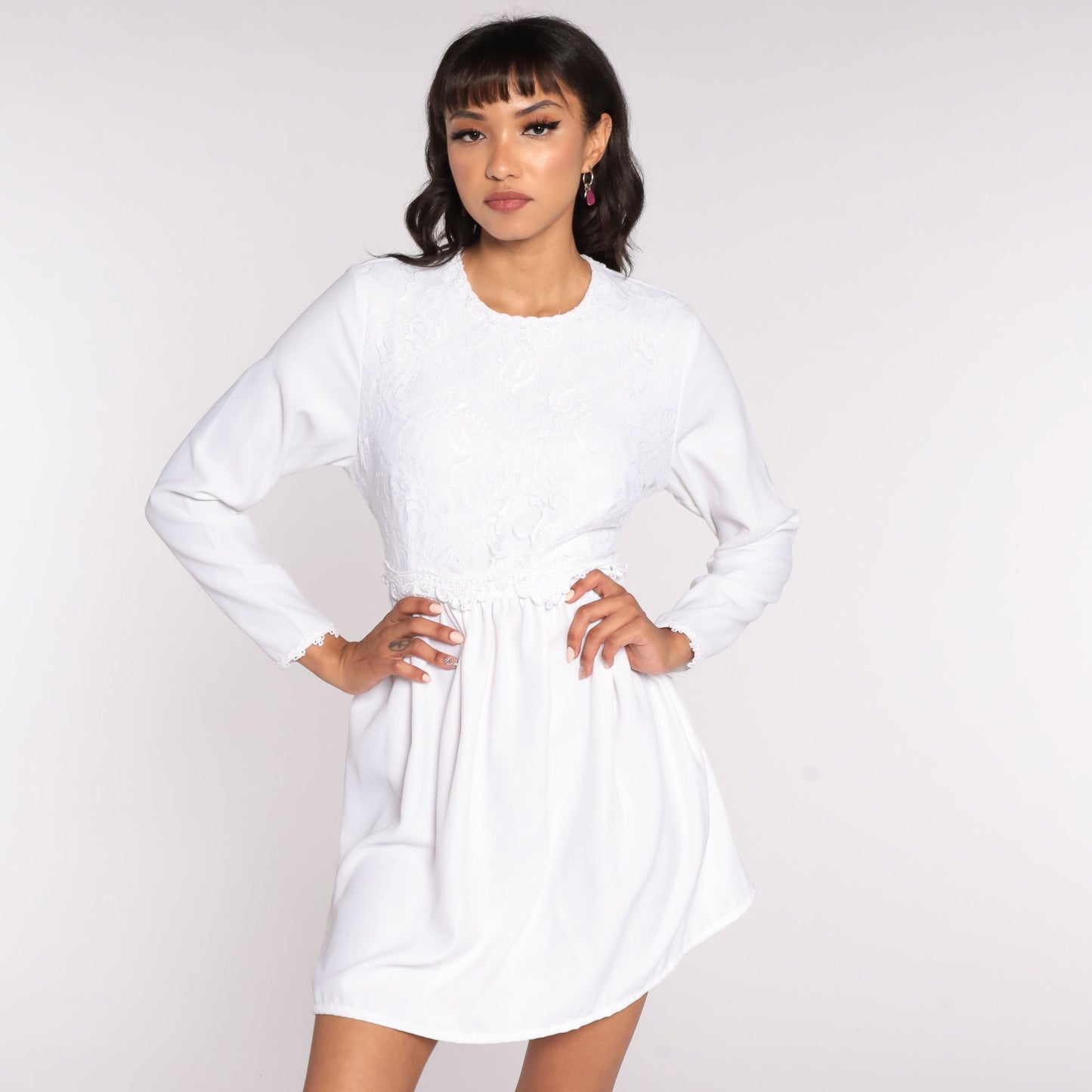 90s White Lace Babydoll Mini Dress Long Sleeve High Waist Small