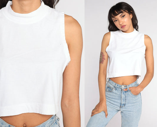 80s White Mock Neck Crop Tank Top Sleeveless Shirt Small