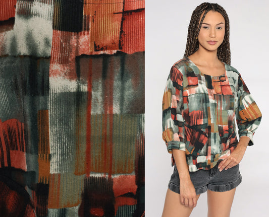 90s Abstract Geometric Brushstroke Blouse Red Grey Short Sleeve Large L