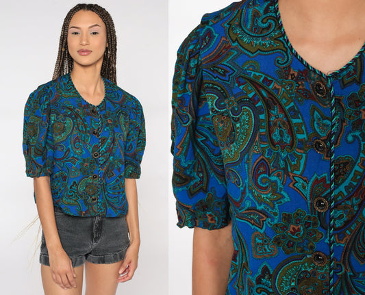 80s Paisley Puff Sleeve Button-Up Blouse Blue Medium