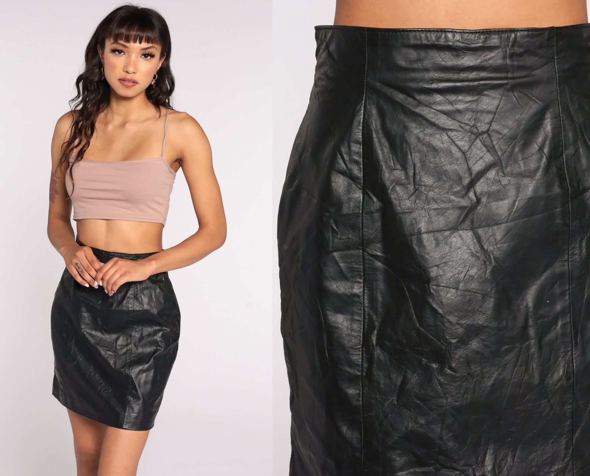 90s Black Leather Mini Skirt High Waist Pencil Wiggle Small S