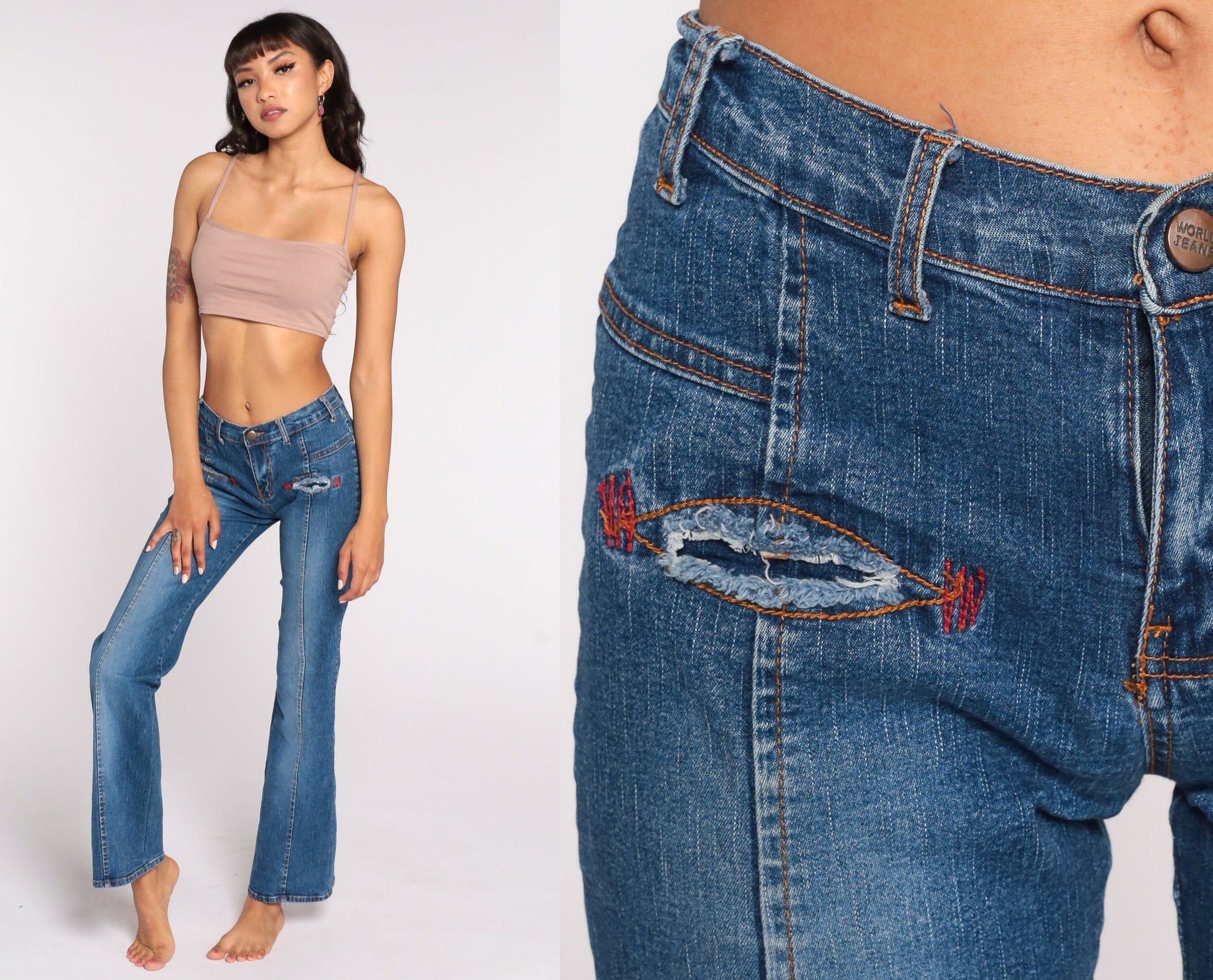 Y2K Low Rise Flare Jeans Blue Denim Spandex Extra Small XS