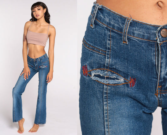 Y2K Low Rise Flare Jeans Blue Denim Spandex Extra Small XS