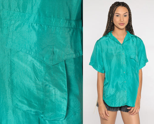 90s Turquoise Silk Button-Up Blouse Short Sleeve Medium