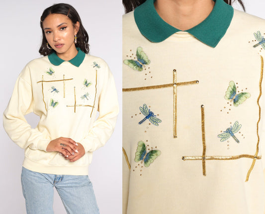 90s Lee Collared Sweatshirt Cream Embroidered Butterfly Dragonfly Medium